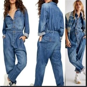 Free People Madrid Denim Coverall Denim Jumpsuit One‎ Piece Utility Size Medium